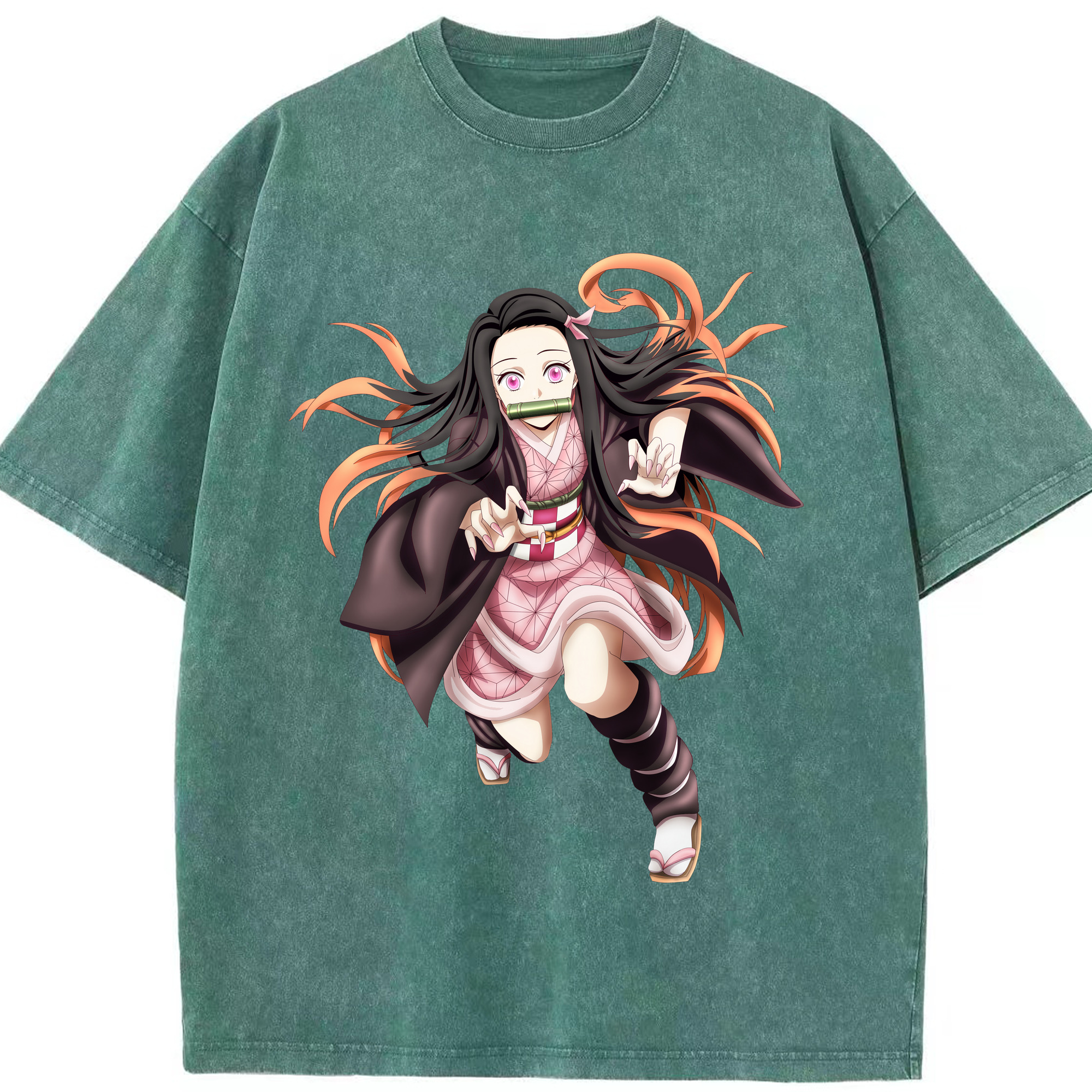 （画像用） 鬼滅の刃（きめつのやいば）竈門 禰󠄀豆子／かまど ねずこ Kamado Nezuko 綿100% ヴィンテージ風 半袖Tシャツ（フロントプリント）